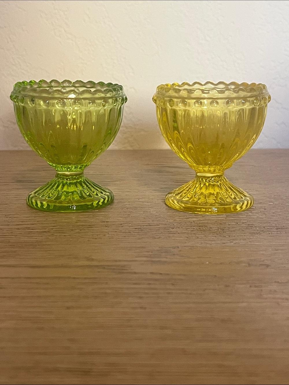 Pair of Vintage-Style Glass egg holders in Green and Yellow